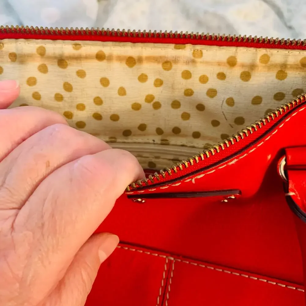 Kate Spade Red Leather Satchel Crossbody Bag Gold Hardware Polka Dot Lining